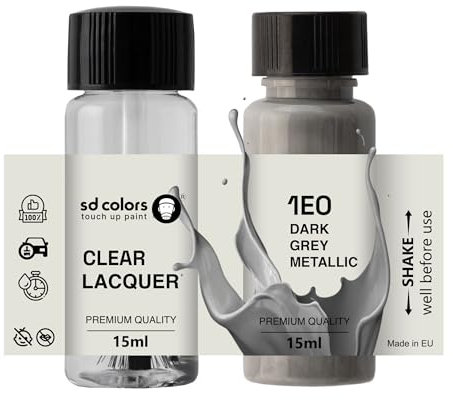 SD COLORS Pintura de retoque gris oscuro metálico 1E0, 15 ML, para reparación de arañazos, código de color 1E0, gris oscuro metálico (pinta+laca)