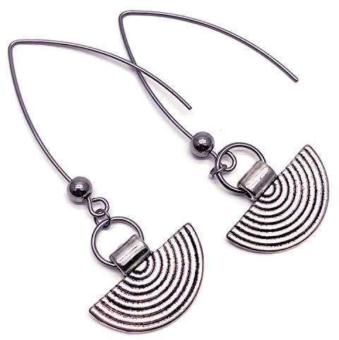 Fan Shaped Long Tibetan Style Silver Tone Earrings with Kidney Hooks : 65mm