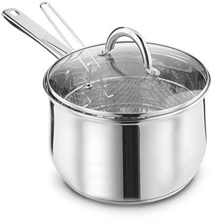 22cm Stainless Steel Chip Pan with Basket and Lid | Chippan Fryer Pot Tempered Glass Lid Aluminium Base