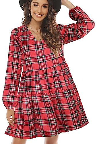 FANCYINN Robe à Carreaux pour Femmes avec Cloche Manches Longues Mini Robe évasée à Volants avec Poches Rouge et Jaune S