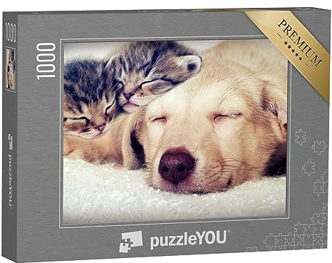 puzzleYOU: Puzzle 1000 Teile „Welpe und Kätzchen schlafen“ – aus der Puzzle-Kollektion Tiere, Katzen-Puzzles