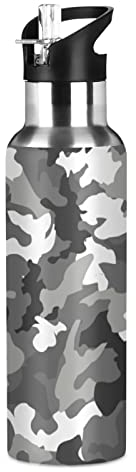 Vnurnrn Art Camouflage Gris Blanc Noir Bouteille d'eau Isotherme avec Paille en Acier Inoxydable Gourde 600ML, Sans Bpa Gourdes Eau pour Enfant Sport Randonnée École Bureau
