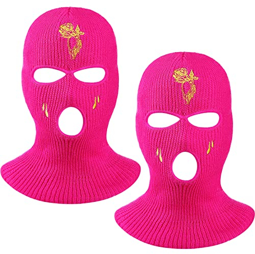 Lot de 2 cagoules de ski à 3 trous tricotées à trois trous pour l'hiver, masque de ski intégral pour sports de plein air, rose rouge, Taille unique