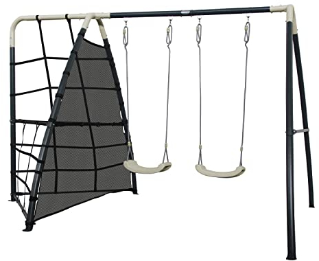 AXI Set de Balançoire en métal en Anthracite & crème | Balançoire 2 agrès/Places & Filet à Grimper | Portique avec Balançoire de Jardin/extérieur pour Enfants