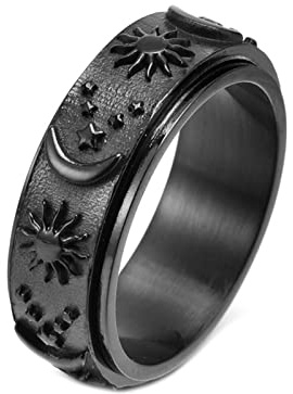 Mesnt Ring Männer, Spinner-Ring Mit Sonne-Mond-Stern-Gravur Zum Stressabbau Schwarz Größe 62 (19.7)