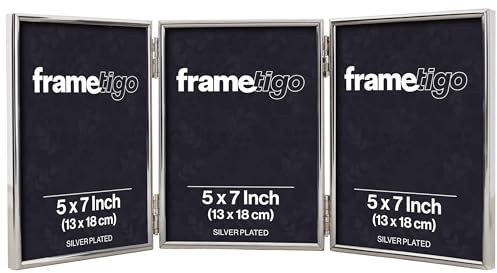 Frametigo - Silver Plated Thin Edge Triple Photo Frame, 5x7 (13x18cm) Photo Size - Portrait Orientation - Velvet Frame Backing - Polished Edge Real Glass - Stylish Silver Frames - Tarnish Resistant