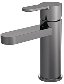nuie ARV705 Arvan Modern Bathroom Round Mono Basin Mixer Lever Handle Tap with Push Button Waste, 160mm, Brushed Pewter