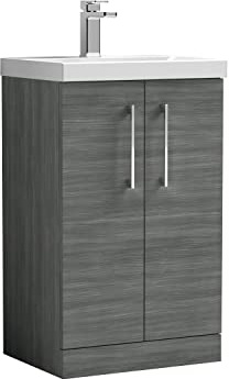 nuie ARN501A Arno Modern Bathroom Floor Standing 2 Door Vanity Unit with Mid-Edge Ceramic Basin, 500mm, Woodgrain Anthracite