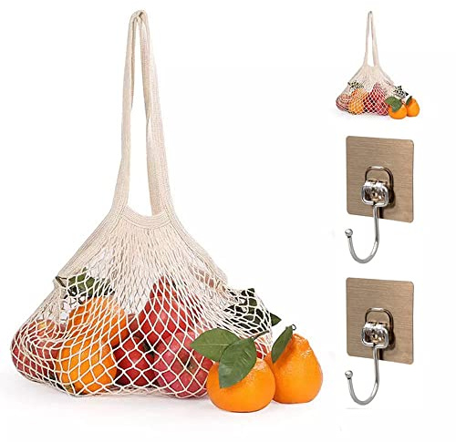 Reusable Net String Shopping Bags Grocery Mesh Bags 2 Pack Cotton Mesh Produce Bags With 2 hooks Organic Grocery Shopping Bags Tote Handbag for Vegetables Fruits Commodities Outgoing Travel