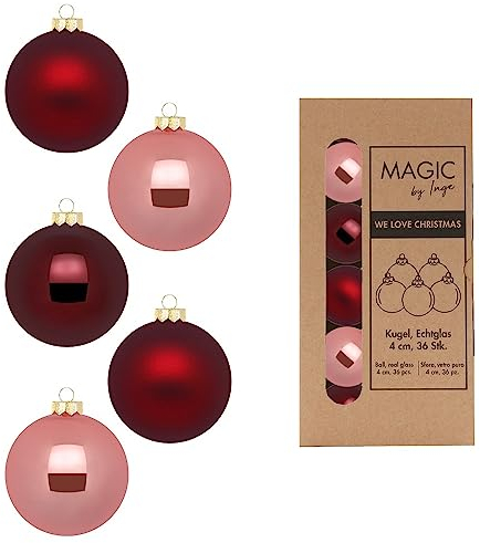 Weihnachtskugeln Glas 4cm x 36 Stück in Kartonbox Christbaumkugeln klein weinrot Mix Vintage Rose