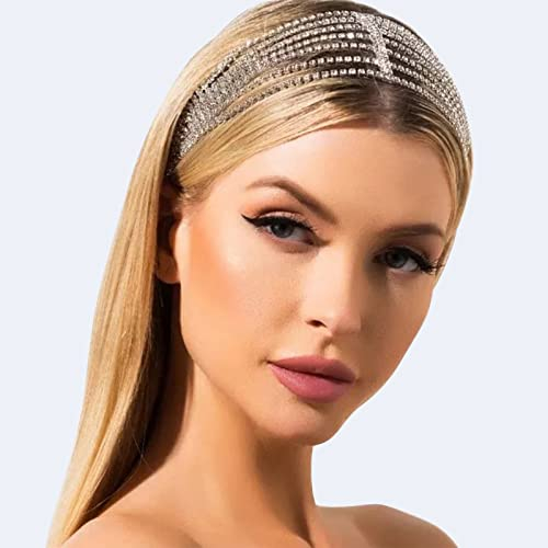 NICENEEDED Catena con Testa di Strass In Argento, Fascia In Cristallo Elastico Multistrato per Donna, Fronte Copricapo Da Sposa Gioielli per Capelli per Donne e Ragazze