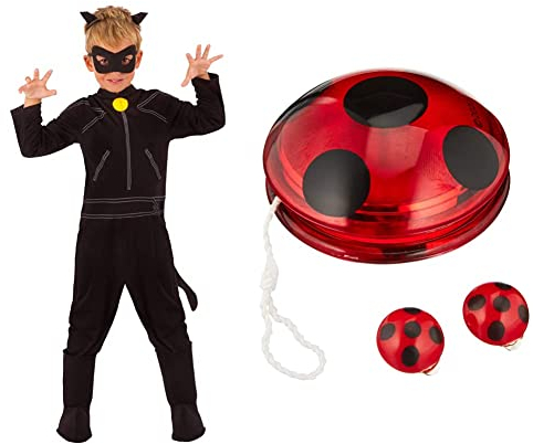 Rubie's Offizielles Kostüm Cat Noir, Miraculous Ladybug, mit Augenmaske, für Kinder, Superheld, Kindergröße S, 3-4 Jahre &%22Rubies Kostüm Miraculous Marienkäfer Yo-Yo und Clip-On Ohrringe