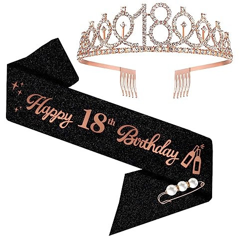18. Geburtstags Tiara, Happy 18th Birthday Geburtstags-Krone Schärpe Set, 18 geburtstag deko für 18. geburtstag mädchen alles Gute zum 18. Geburtstagsgeschenk, Partyzubehör (Rosegold)