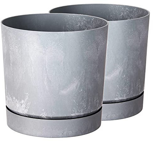 Tymar Blumentopf mit Untersetzer, 2er-Pack, dekorativer Pflanzentopf aus Kunststoff, Moderne, Runde Form, für Innenräume (ø 40 cm, (2pack) Beton)