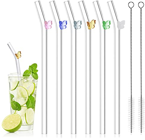Prasacco Lot de 6 pailles en verre papillon avec brosses de nettoyage, réutilisables, incassables, verre borosilicate de qualité alimentaire, passe au lave-vaisselle