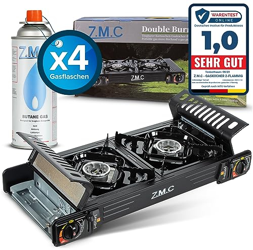 Z.M.C Premium Camping Gaskocher 2-flammig + 4 Gaskartuschen 227g, Campingkocher mit Transportkoffer für Outdoor und Innenraum, Balkon Tisch Kocher, Doppelgaskocher mit Piezozündung