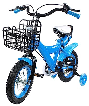 WSIKGHU Bicicletta per bambini da 12 pollici, per ragazzi e ragazze, per principianti, con ruote di supporto e cestello, adatta per bambini dai 2 ai 5 anni (blu)