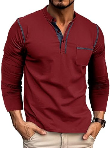 Ophestin Men's Henley Shirts Long Sleeve T Shirt Casual Fashion Shirt Buttons Tee Top Red 2XL