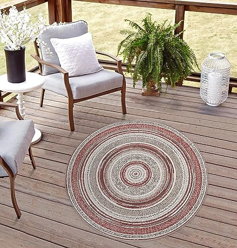 Rikmani Outdoor Teppich rund Wetterfest & UV-beständig für Terrasse, Balkon, 120 cm, modernes Design, für Küche, Wintergarten, Esszimmerteppich