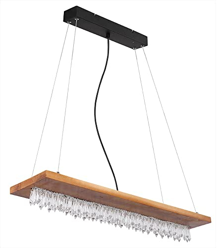 Globo Pendelleuchte Holz Landhaus LED Hängeleuchte Esstisch Holzleuchte mit Kristallbehang, Metall schwarz Kunststoff, 1x LED 25 Watt 1546 Lumen warmweiß, LxBxH 80x20x145 cm