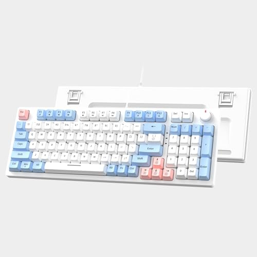 KBMSCITH Mechanical Keyboard, Wired LED Backlit Compact Keyboard with Number Pad and Volume Control Knob, Red Switch, Anti-Ghosting, Gaming Mechanical 96 Keys for Computer/Laptop (Blue & White & Pink)
