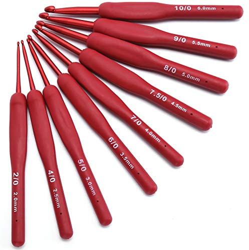LenTLy 9-teilige Ergonomische Häkelnadel, Roter Griff, Aluminium, 2,0 mm - 6,0 mm, Häkelnadel-Set