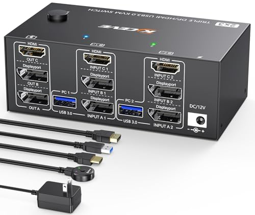 KVM Switch 3 moniteurs 2 ordinateurs 8K@60Hz 4K@144 Hz, HDMI + 2 Displayport Commutateur KVM triple moniteur pour 2 PC partagés, 3 moniteurs et 4 ports USB3.0,télécommande filaire et 5 câbles inclus