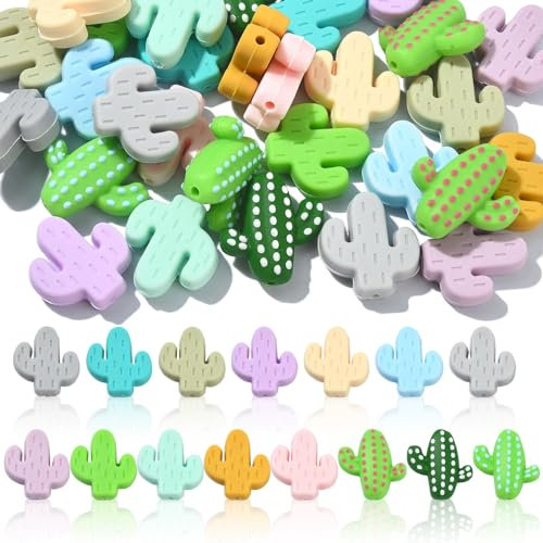 UR URLIFEHALL Lot de 30 perles en silicone en forme de cactus - 15 couleurs - En caoutchouc - Pour la fabrication de bijoux, les travaux manuels, la décoration de la maison