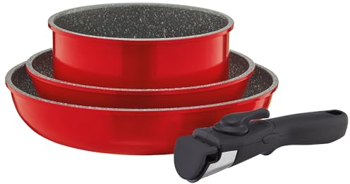 AMBITION Jasper Lot de 3 casseroles et poêles avec poignée amovible pour tous les types de plaques de cuisson à induction, four à induction, lave-vaisselle moucheté, anti-adhésif, rouge moucheté
