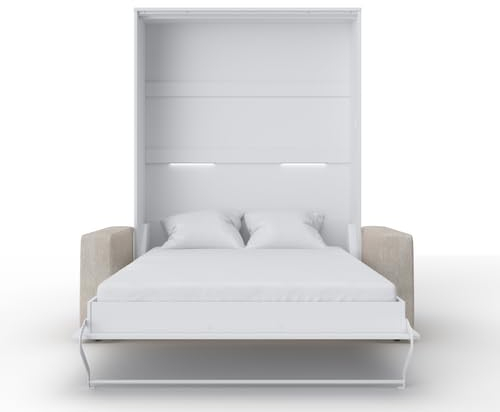 MAXIMAHOUSE Schrankbett vertikal Invento LED 140V (140x200) mit Sofa, Möbelset (Weiss/Weiss matt + beiges Sofa)