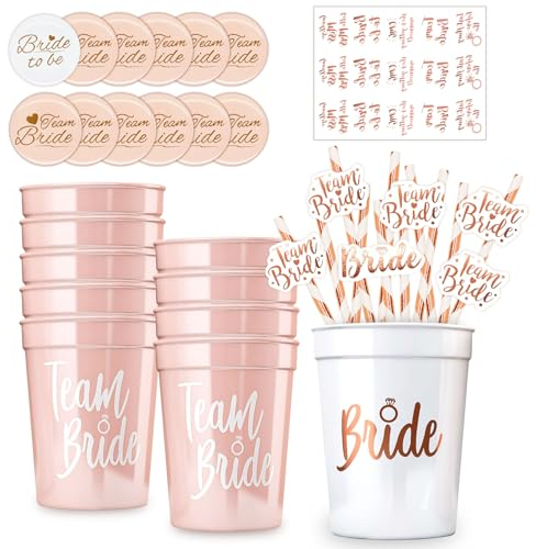 GothicBride 12 Set JGA Becher, Wiederverwendbar Team Bride Becher + JGA Buttons + Strohhalme + Tattoo Aufkleber, Junggesellenabschied Bachelorette Party Accessories Frauen Bridal Shower