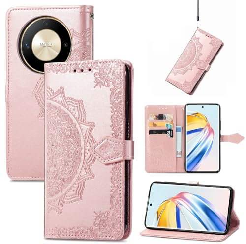 Fertuo Cover per Honor Magic6 Lite 5G, Custodia Portafoglio a Libro in Pelle Flip Cover con Porta Carte, Chiusura Magnetica [Disegni di Mandala] Case Antiurto per Honor Magic 6 Lite 5G, Oro Rosa