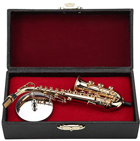 Miniatur Alt Saxophon, Saxophon Modell mit Ständer und Gehäuse Mini Musikinstrument Saxophon Instrument Modell Ornamente Golden Plated Musical Ornaments