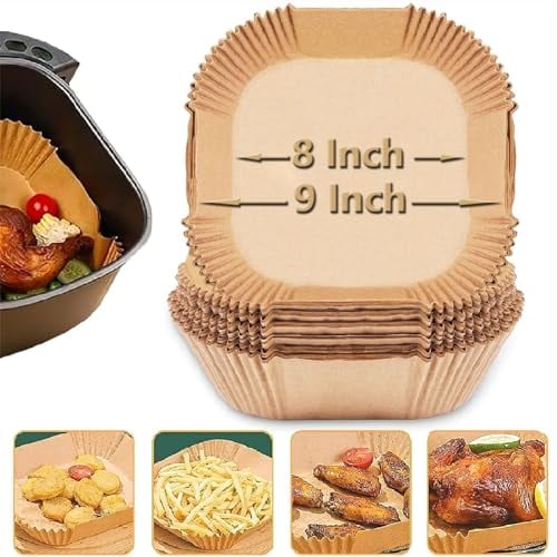 Air Fryer Paper Liners, 9 Inch Square Disposable Liners 100 PCS, Food Grade Parchment Paper Oil-Proof Water-Proof for Microwave Oven