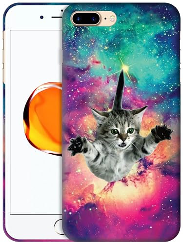 GlamCase for iPhone 7 Plus/iPhone 8 Plus - Hipster Flying Cat Space Galaxy Design Printed Slim & Sleek Cute Plastic Hard Snap on Protective Designer Back Case/Cover for iPhone 7 Plus / 8 Plus
