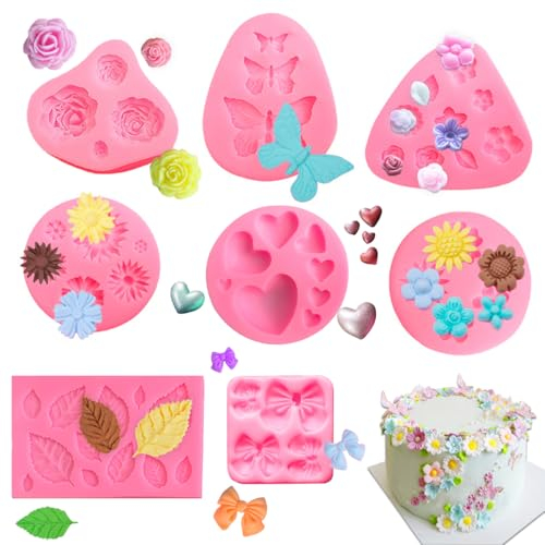 WWYSSZ 8 Pezzi 3D Stampi Fiori in Silicone per Dolci, Stampo in Silicone per Mini Fiori Foglia, Forma di Rosa, Daisy, Cuore e Farfalla, per Decorare Cake, Caramelle, Cioccolato, Fondente, Gesso,Resina
