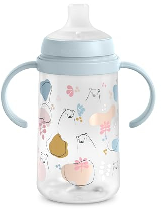 Suavinex, Biberon à Anses, Tasse Apprentissage Bébé avec Bec Souple en Silicone, Système Anti-Colique, Gourde Enfant avec Poignées, Antifuites, Passe au Lave-Vaisselle, +6 Mois, 270 ml, Bears Bleu