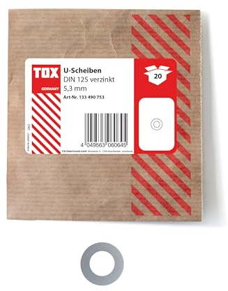 TOX Unterlegscheiben 5,3 mm, verzinkt, DIN 125, Schutz vor Beschädigungen, viele Anwendungsmöglichkeiten, 20 Stück in einer wiederverschließbaren und umweltschonenden Papierverpackung, 133490753
