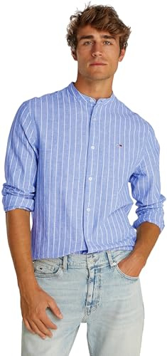Tommy Jeans Herren Hemd Linen Mix ohne Kragen, Mehrfarbig (Tempo Blue/Ecru), XL
