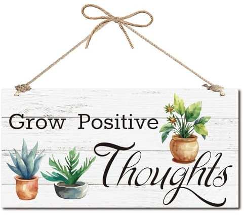 CREATCABIN Wood Sign Grow Positive Thoughts Wall Art Wood Plaque Hanging Sign Succulent Cactus Wall Decor Rustic Potting Walls Signs for Front Door Home Farmhouse Kitchen Housewarming 12x6Inch
