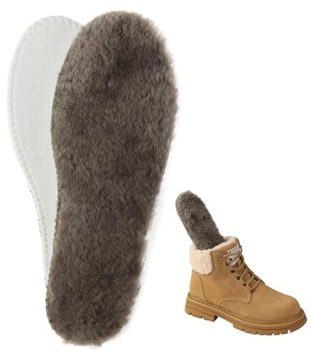 ISQFIQ Echte Lammwolle Einlegesohlen für Damen Herren Winter Extrem Warme Schaffell Schuheinlagen Dicke Einlagen Weiche Lammfell Sohlen für Schneestiefel Arbeitsstiefel Hausschuhe Grau 37EU