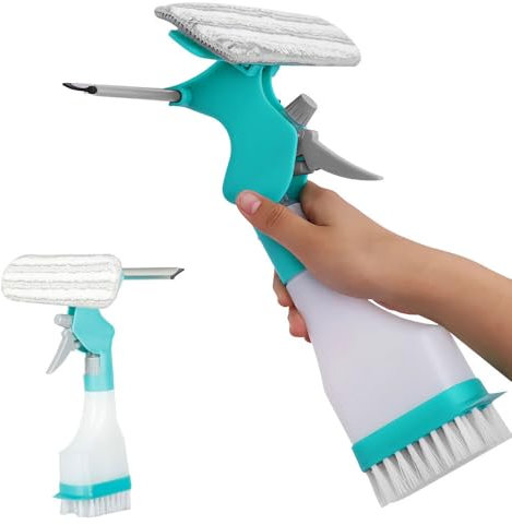 4-in-1 Window Cleaner, Spray Window Squeegee with Spray Bottle & Squeegee & Fabric Washer Head & Brush for Home Car Glass Cleaning