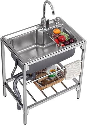 MZBDYYF 304 Edelstahl-Spüle, freistehend, dick, Einzelbecken, mit Abtropffläche und Wasserhahn für Garage, Restaurant, Küche, 53 x 38 cm