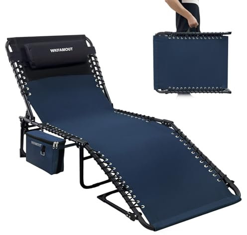 WKFAMOUT Sonnenliege Campingliege Klappbar 5-Stufig Verstellbarer Rückenlehne Outdoor Gartenliege Strandliege Campingbett Klappbett mit Abnehmbaren Kühltasche Kissen 190x59CM Navy