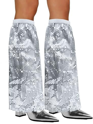 Xerteam Pailletten-Stulpen, 70s Abba Kostüm Disco Outfit Damen, 1 Paar Abba Kostüm Damen Sequin Leg Boot Covers, Disco Outfit Glitzer Kostüm Abba Outfit für Karneval, Mottoparty - Silber