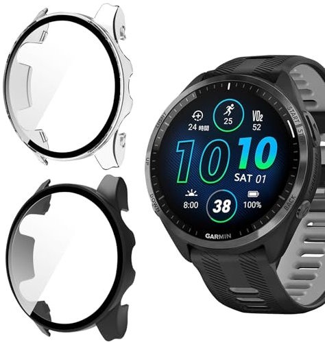 ZoRoll 2 pièces Coque Compatible avec Garmin Forerunner 965 Étui de Protection avec Verre Trempé, Rigide Anti-Rayure PC Coque Compatible avec Garmin Forerunner 965 - Transparent + Noir
