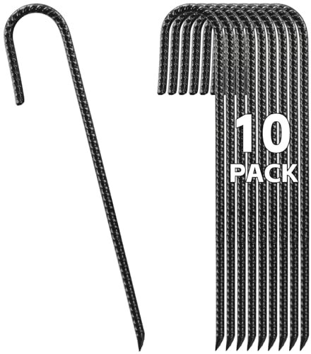 Metal Garden Stakes 40 CM, Ground Anchors Heavy Duty 10 Pack, Black Reabr Stakes for Garden, J Hook Steel Ground Stakes for Trampoline, Landscape, Plant
