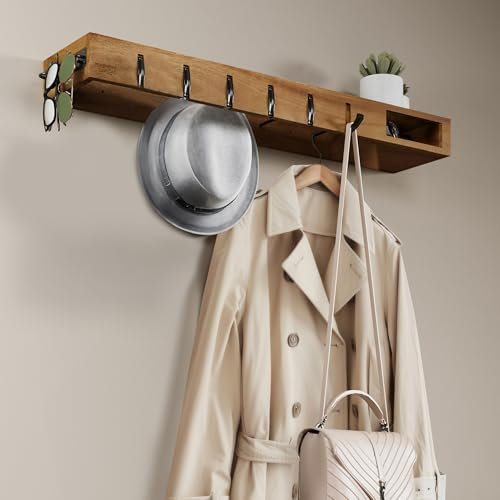 Meisterhölzer Wandgarderobe Holz – 4-in-1 Garderobenleiste mit Ablage, klappbaren Haken, Brillenhalter & Kleiderstangen – Modern & Platzsparend für Flur, Diele & Schlafzimmer