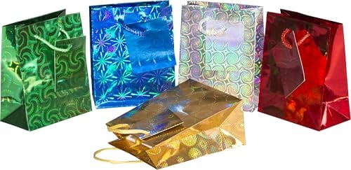 HEKU bunte Geschenktaschen mit Hologramm-Beschichtung, 10 Stück I 5 Farben (rot, silber, dunkelgrün, gold, dunkelblau), 13,5x11x6 cm I Wiederverwendbar