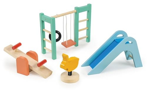 Mentari Toys - Playground Set - Wooden Playground Equipment for Doll House - Interactive Pieces for Small World Play - Encourages Fine Motor Skills and Imaginative Play in Boys and Girls - Age 3+